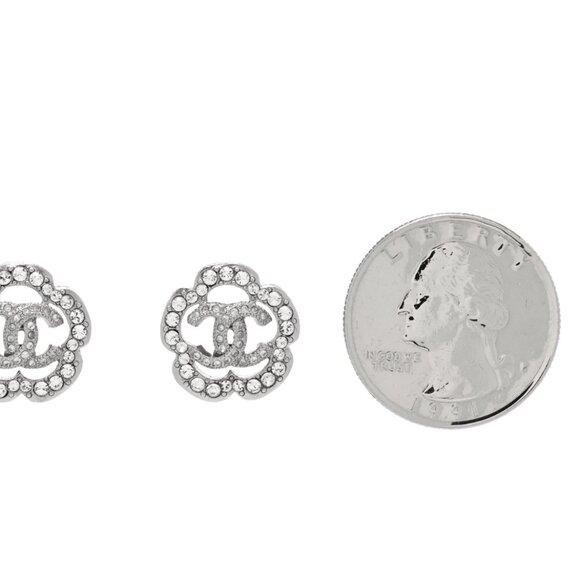 Chanel  Crystal Coco Flapper Camellia CC Stud Earrings Silver - Picture 12 of 14